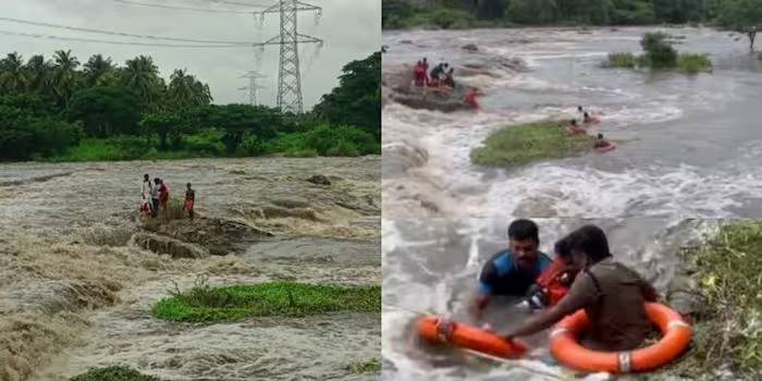 ചിറ്റൂര്‍ പുഴയില്‍ കുടുങ്ങിയ സ്ത്രീ ഉള്‍പ്പെടെയുള്ള നാലു പേരെയും അതിസാഹസിക രക്ഷാദൗത്യത്തിനൊടുവില്‍ ഫയര്‍ഫോഴ്സ് രക്ഷപ്പെടുത്തി