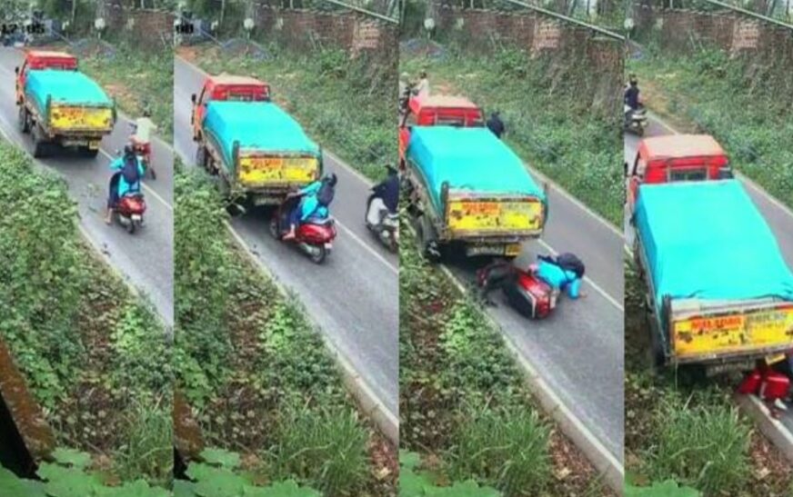 ലോറി  പിന്നിലേക്ക് നീങ്ങി പിറകേ വന്ന സ്കൂട്ടറിൽ ഇടിച്ചു; റോഡിലേക്ക് തെറിച്ച് വീണ യുവതിക്ക് അത്ഭുത രക്ഷ