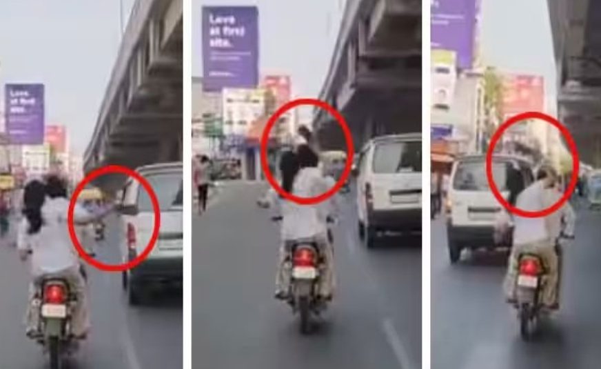 ഓടിക്കൊണ്ടിരിക്കുന്ന ബൈക്കിന് പിന്നിലിരുന്ന് അടി; ഭർത്താവിനെ ചെരിപ്പുകൊണ്ട് മുഖത്തും തലയിലും അടിച്ച് ഭാര്യ