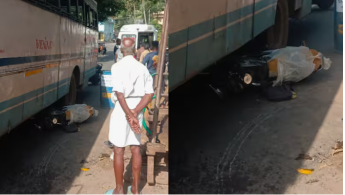 കെഎസ്ആർടിസി ബസിനിടയിൽപ്പെട്ട ബൈക്ക് യാത്രികൻ രക്ഷപ്പെട്ടു