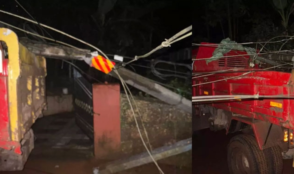 വൈദ്യുതി പോസ്റ്റിലിടിച്ച ലോറിക്ക് മുകളിൽ പോസ്റ്റ് തകർന്നു വീണു; തലനാരിഴയ്ക്ക് ഒഴിവായത് വൻ അപകടം